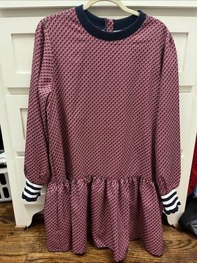 Addison Bay Red Patterned Long-Sleeve Drop Waist Dress with Navy Trim